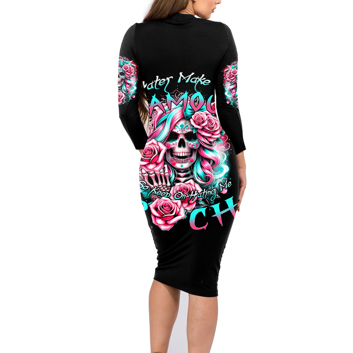 Rose Skull Family Matching Long Sleeve Bodycon Dress and Hawaiian Shirt Hater Make Me Famous So Keep On Hating Me Bitch - Wonder Print Shop
