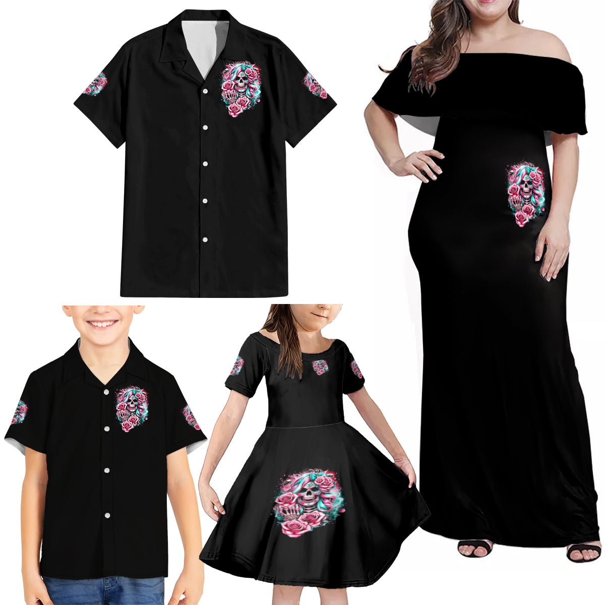Rose Skull Family Matching Off Shoulder Maxi Dress and Hawaiian Shirt Hater Make Me Famous So Keep On Hating Me Bitch - Wonder Print Shop