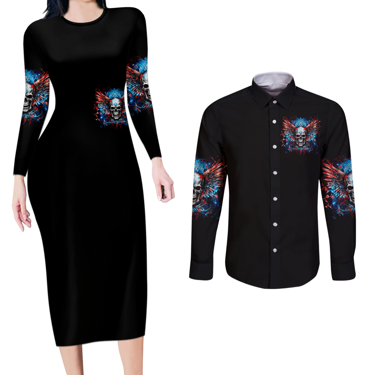 Wings Skull Couples Matching Long Sleeve Bodycon Dress and Long Sleeve Button Shirt People Are Asking Me Which Sign I was Born Under I Was Born Under A Warning Sigh - Wonder Print Shop