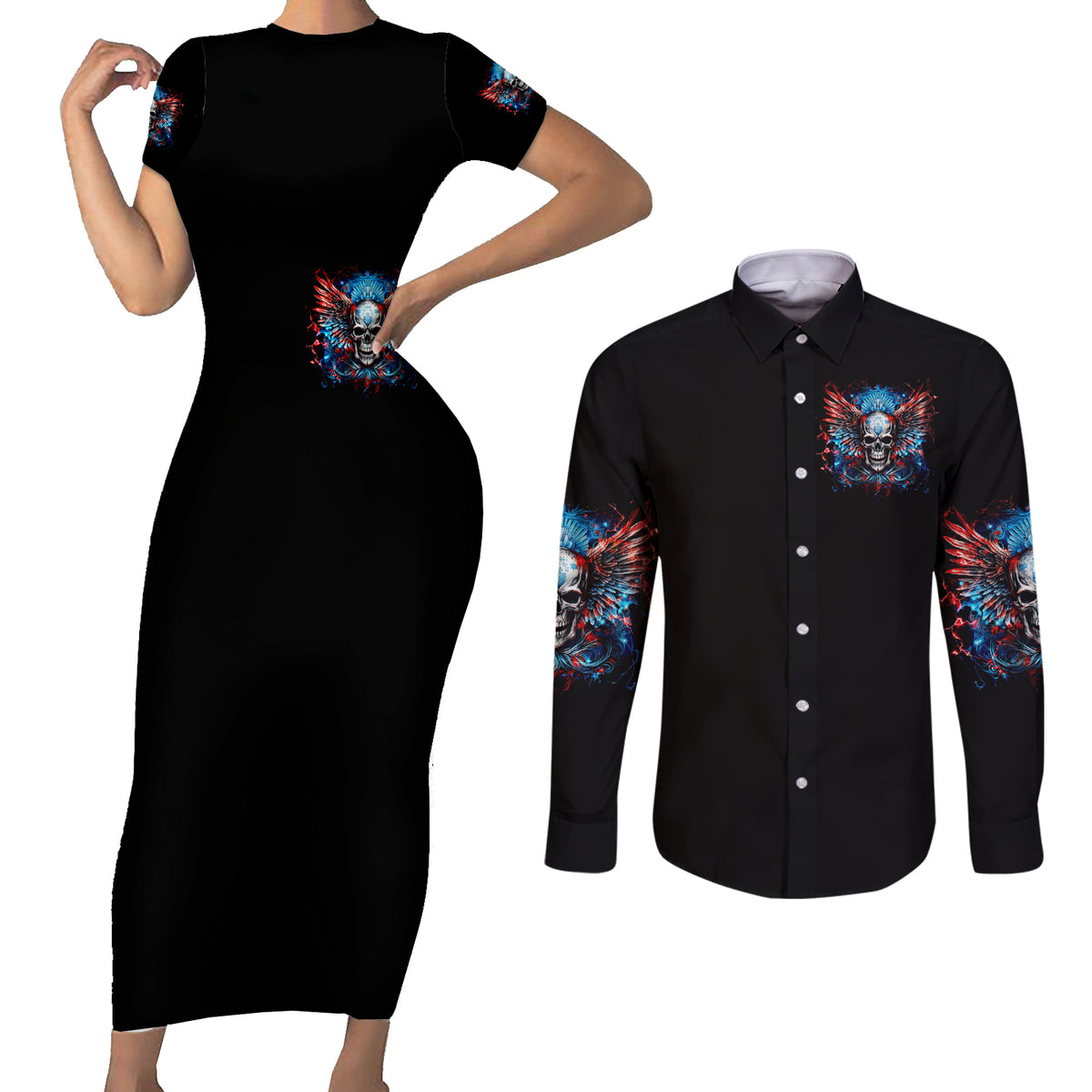 Wings Skull Couples Matching Short Sleeve Bodycon Dress and Long Sleeve Button Shirt People Are Asking Me Which Sign I was Born Under I Was Born Under A Warning Sigh - Wonder Print Shop
