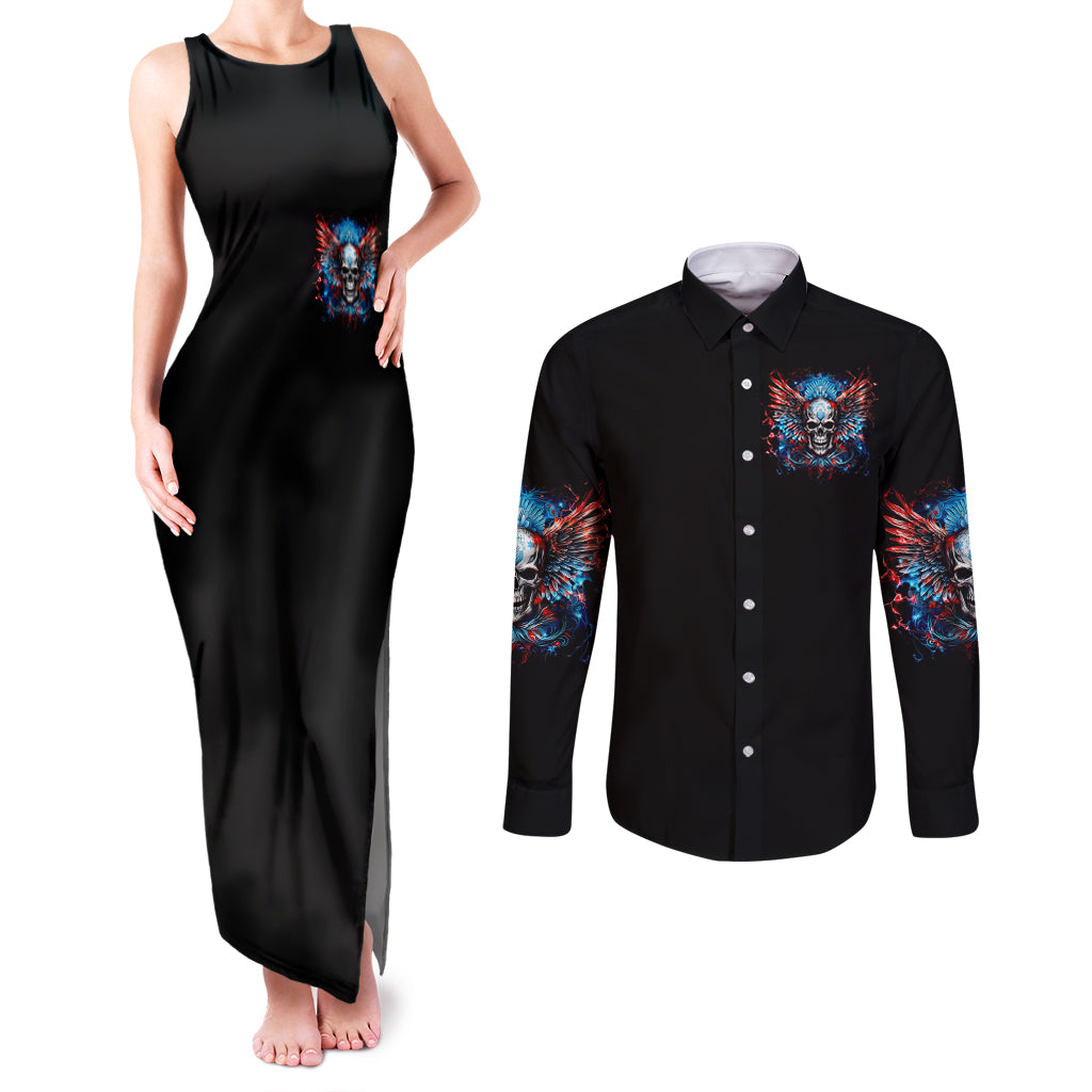Wings Skull Couples Matching Tank Maxi Dress and Long Sleeve Button Shirt People Are Asking Me Which Sign I was Born Under I Was Born Under A Warning Sigh - Wonder Print Shop