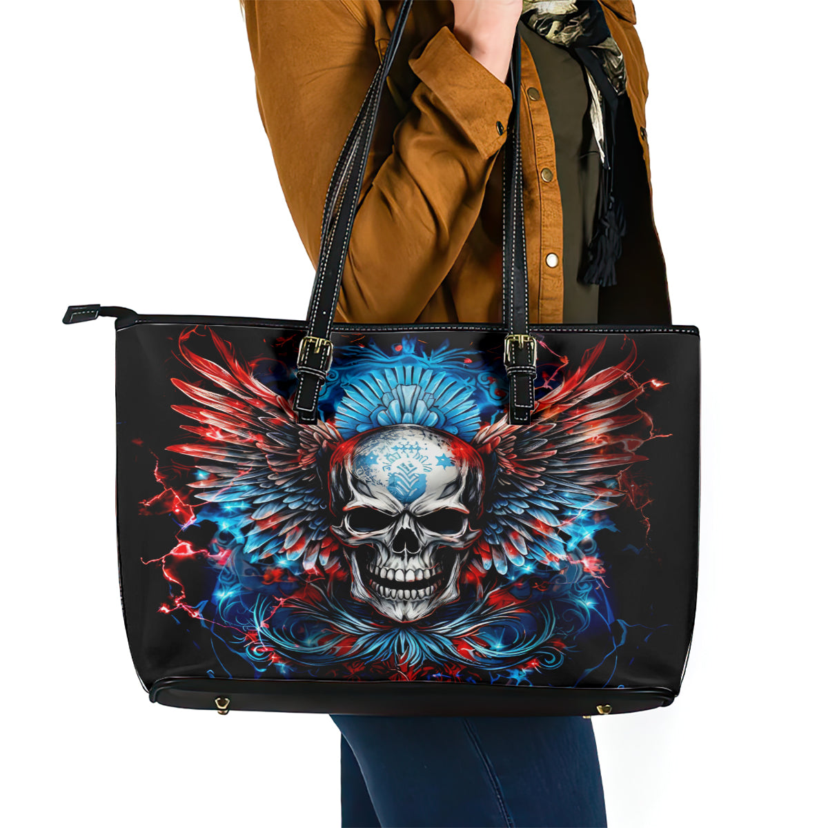 Wings Skull Leather Tote Bag People Are Asking Me Which Sign I was Born Under I Was Born Under A Warning Sigh - Wonder Print Shop