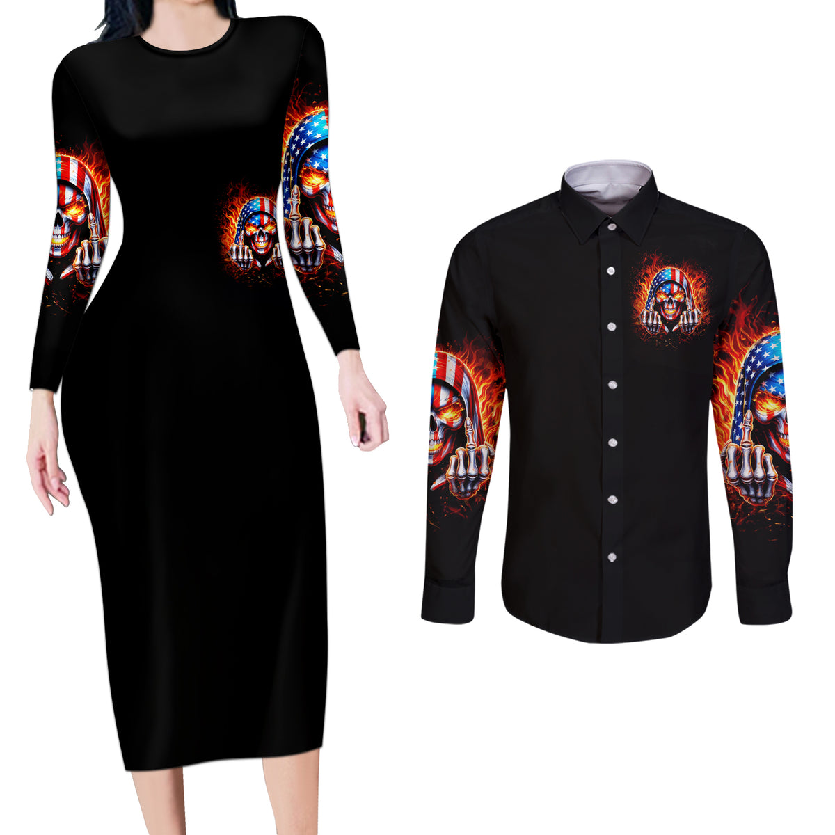 My Give A Fuck Is Broken But My Go Fuck Your Self Couples Matching Long Sleeve Bodycon Dress and Long Sleeve Button Shirt - Wonder Print Shop