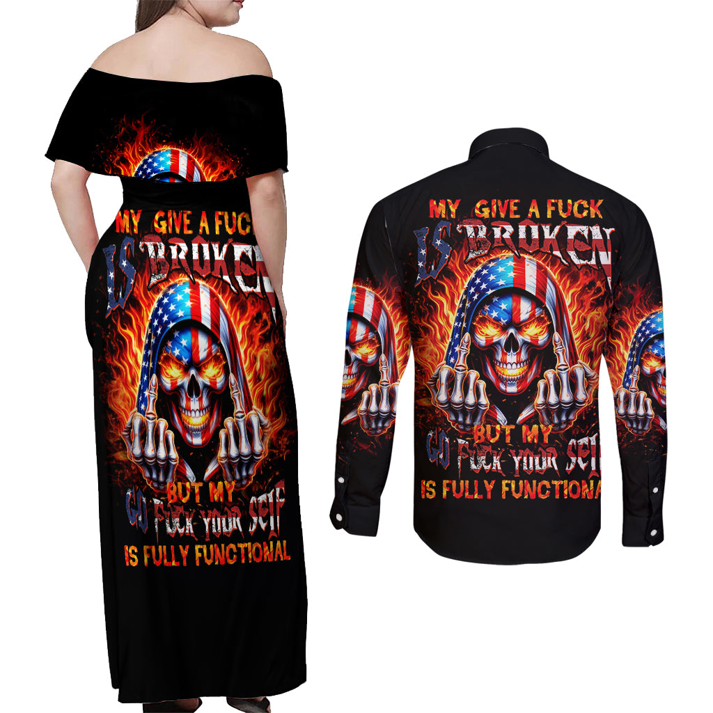 My Give A Fuck Is Broken But My Go Fuck Your Self Couples Matching Off Shoulder Maxi Dress and Long Sleeve Button Shirt - Wonder Print Shop
