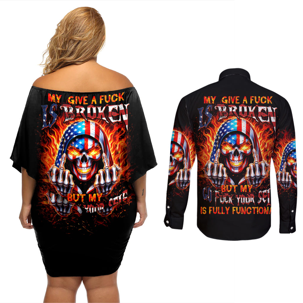 My Give A Fuck Is Broken But My Go Fuck Your Self Couples Matching Off Shoulder Short Dress and Long Sleeve Button Shirt - Wonder Print Shop
