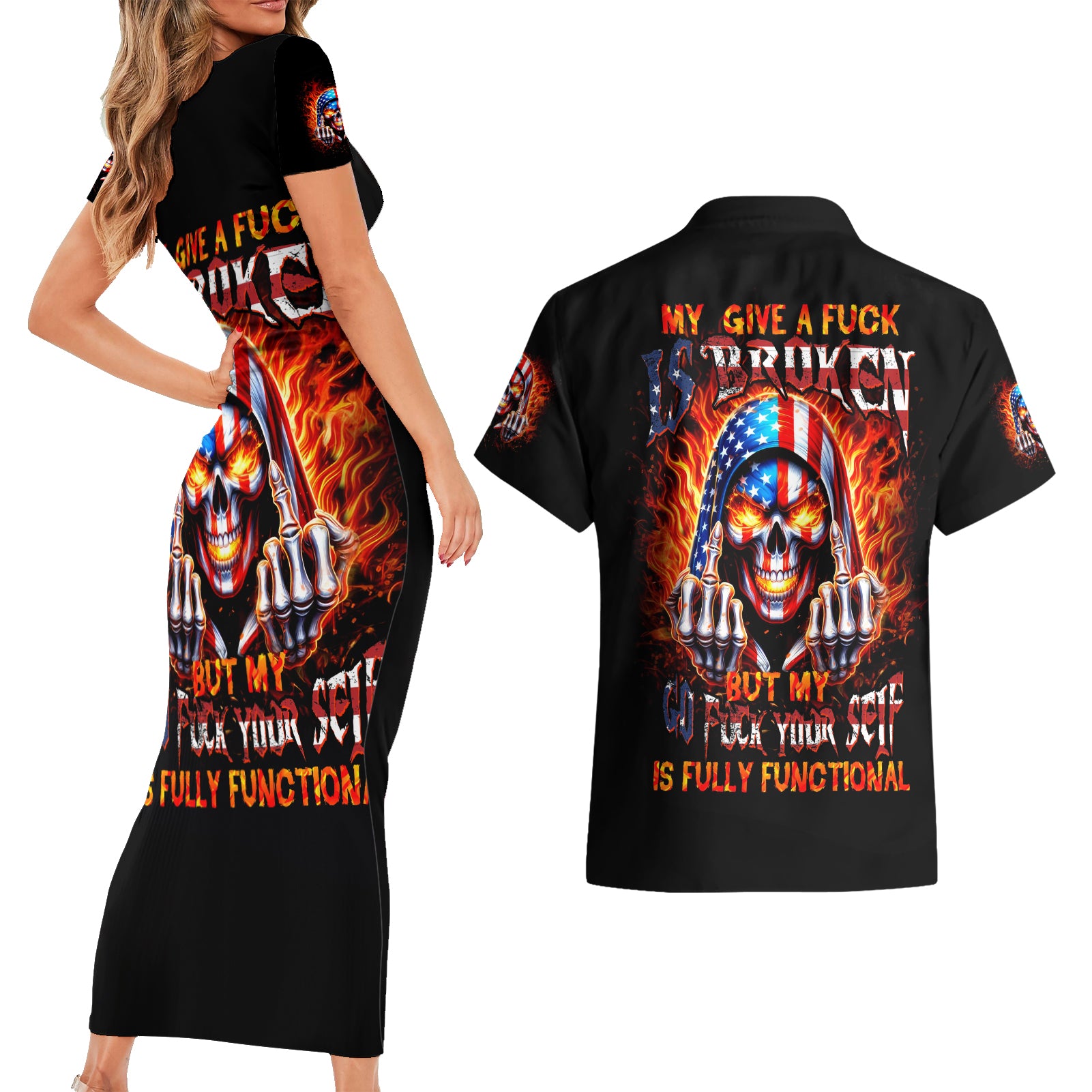 My Give A Fuck Is Broken But My Go Fuck Your Self Couples Matching Short Sleeve Bodycon Dress and Hawaiian Shirt - Wonder Print Shop