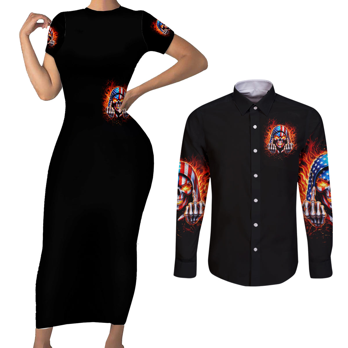My Give A Fuck Is Broken But My Go Fuck Your Self Couples Matching Short Sleeve Bodycon Dress and Long Sleeve Button Shirt - Wonder Print Shop