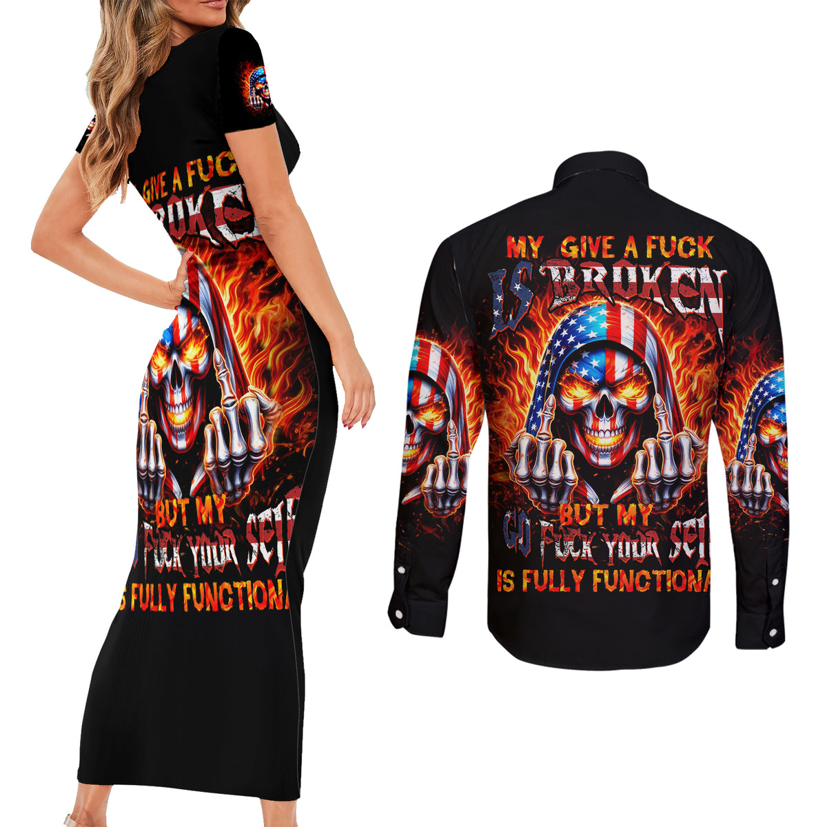 My Give A Fuck Is Broken But My Go Fuck Your Self Couples Matching Short Sleeve Bodycon Dress and Long Sleeve Button Shirt - Wonder Print Shop