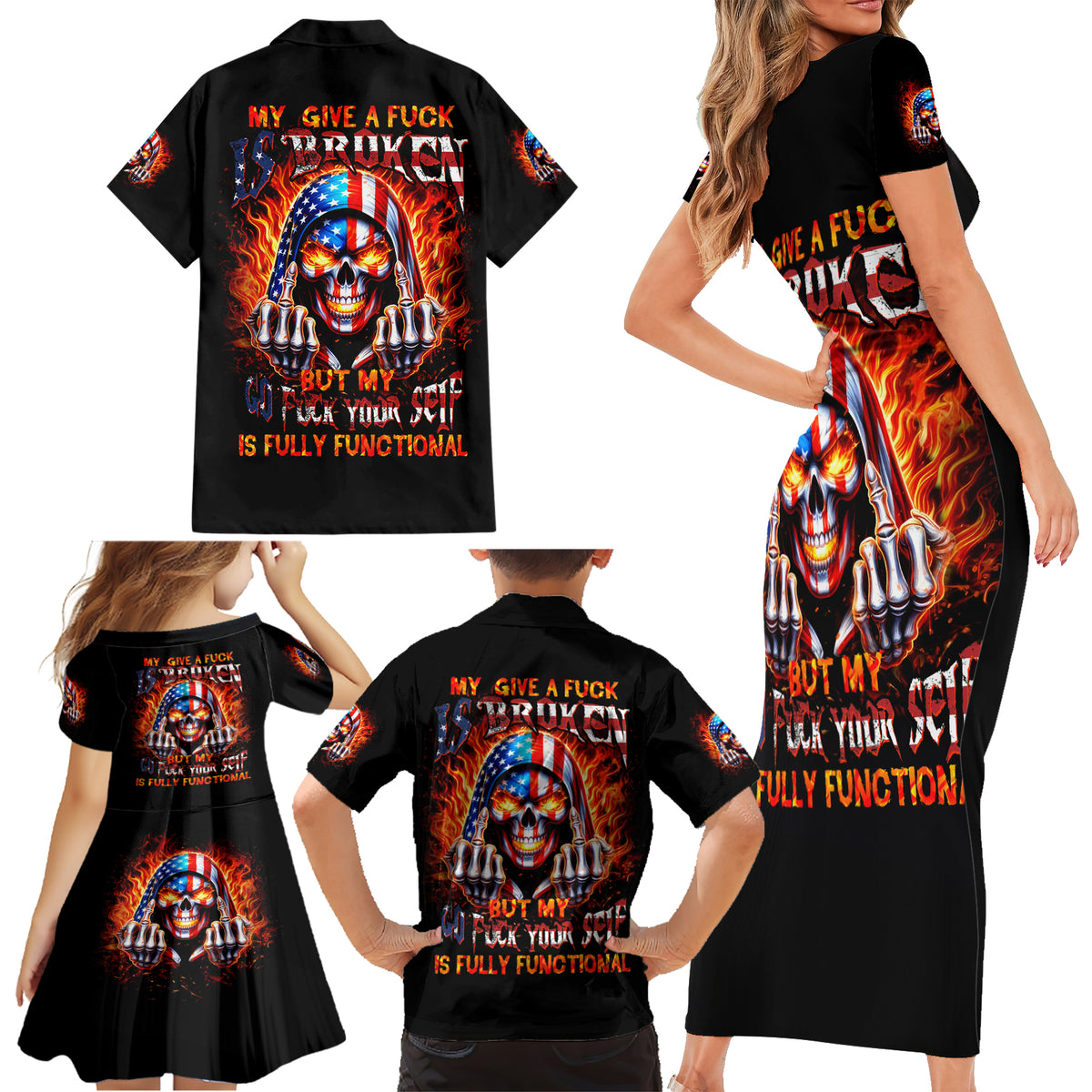 My Give A Fuck Is Broken But My Go Fuck Your Self Family Matching Short Sleeve Bodycon Dress and Hawaiian Shirt - Wonder Print Shop