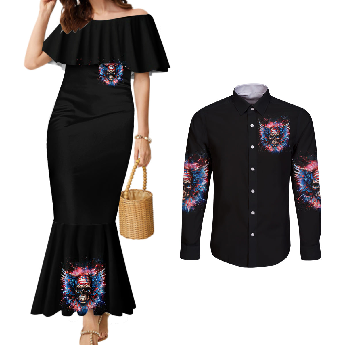 American Skull Couples Matching Mermaid Dress and Long Sleeve Button Shirt I'm Not Anti Social I'm Just Not User Friendly