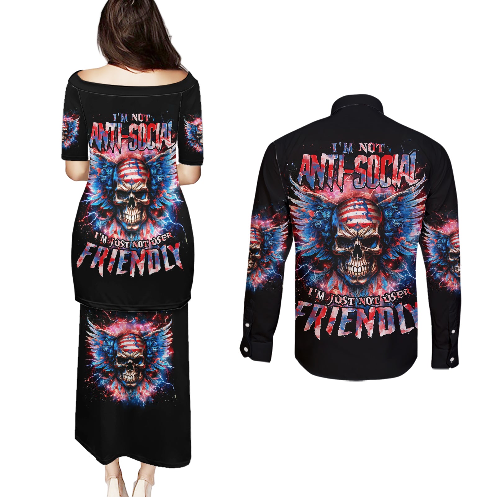 American Skull Couples Matching Puletasi and Long Sleeve Button Shirt I'm Not Anti Social I'm Just Not User Friendly - Wonder Print Shop