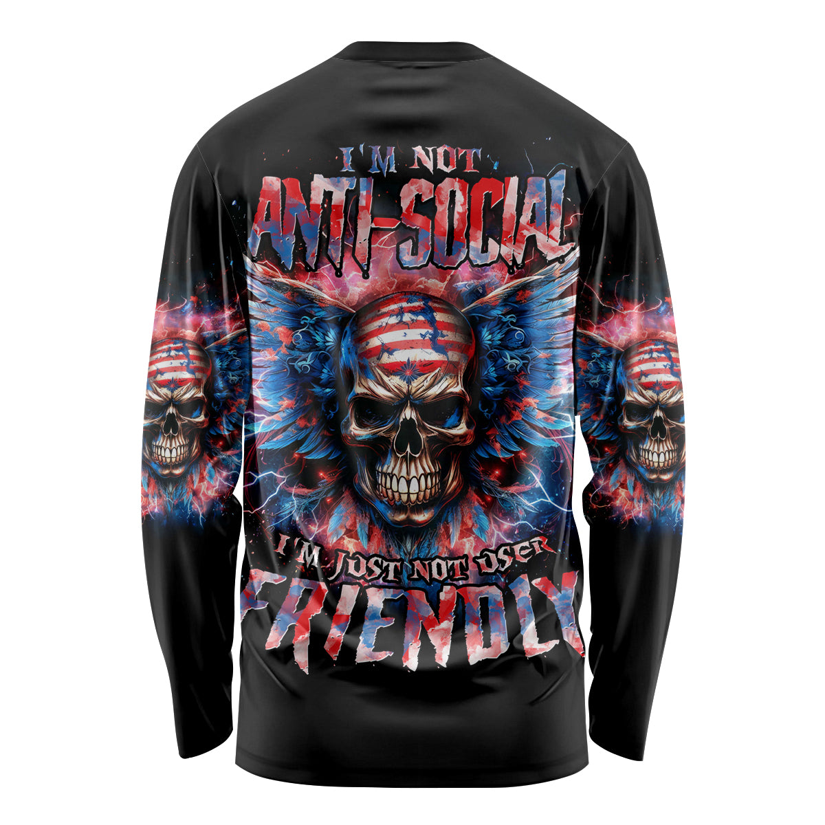American Skull Long Sleeve Shirt I'm Not Anti Social I'm Just Not User Friendly - Wonder Print Shop