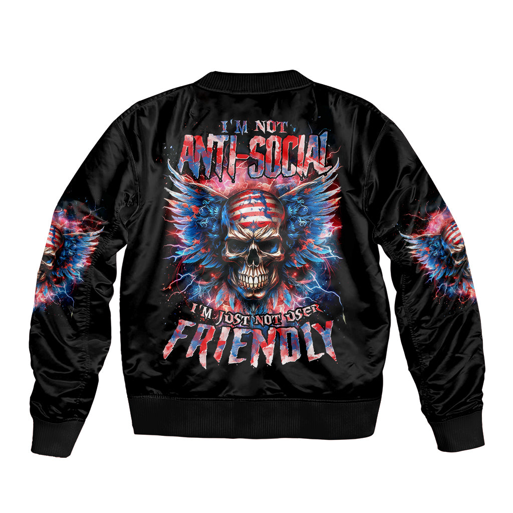 American Skull Sleeve Zip Bomber Jacket I'm Not Anti Social I'm Just Not User Friendly - Wonder Print Shop