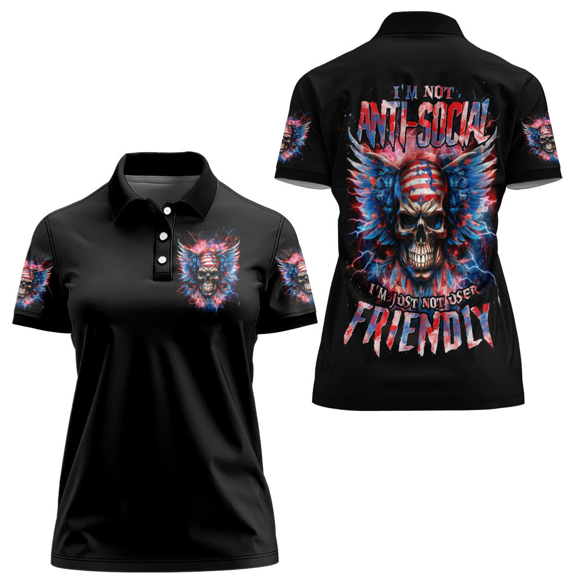 American Skull Women Polo Shirt I'm Not Anti Social I'm Just Not User Friendly - Wonder Print Shop