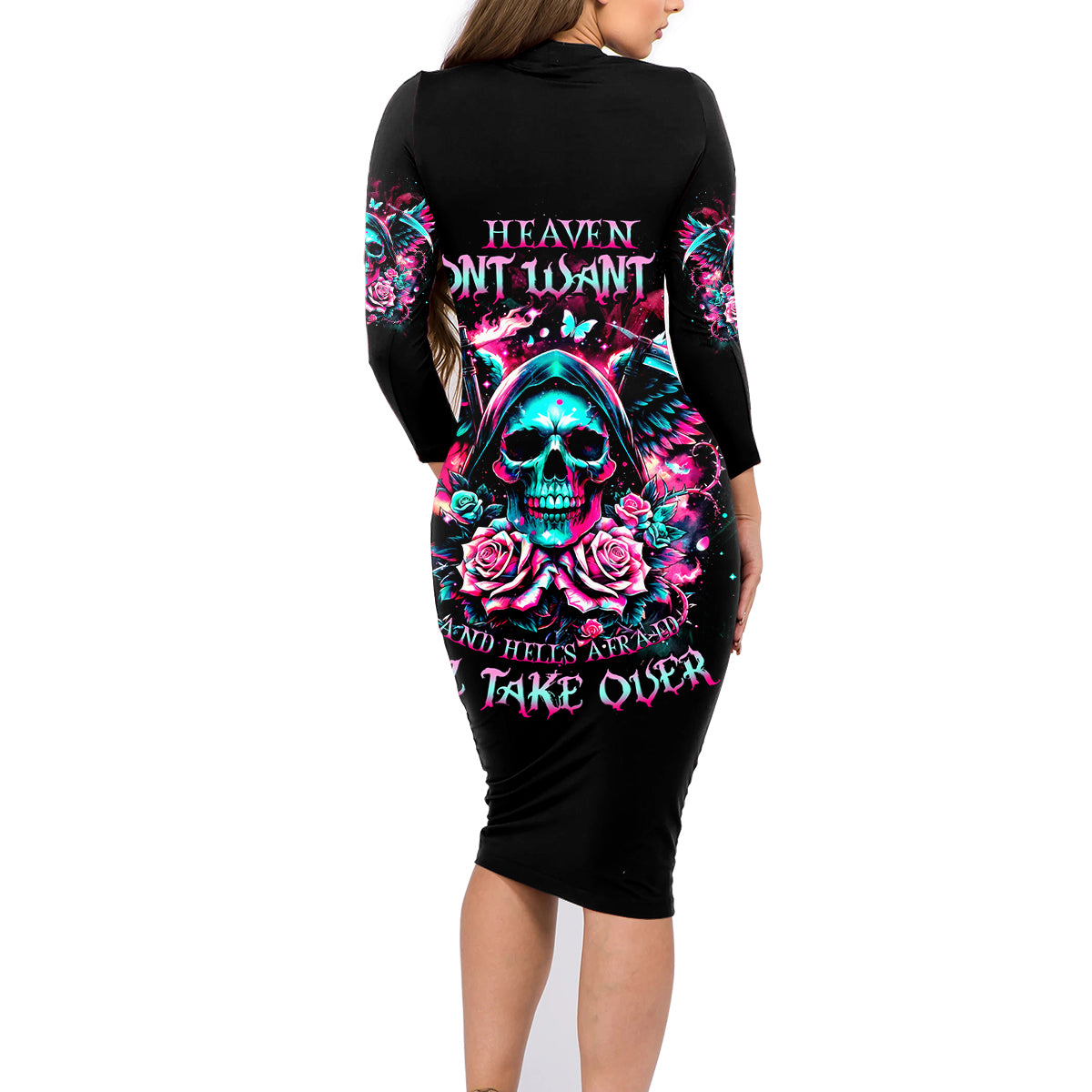 Rose Skull Family Matching Long Sleeve Bodycon Dress and Hawaiian Shirt Heaven Don't Want Me And Hell's Afraid I'll Take Over - Wonder Print Shop