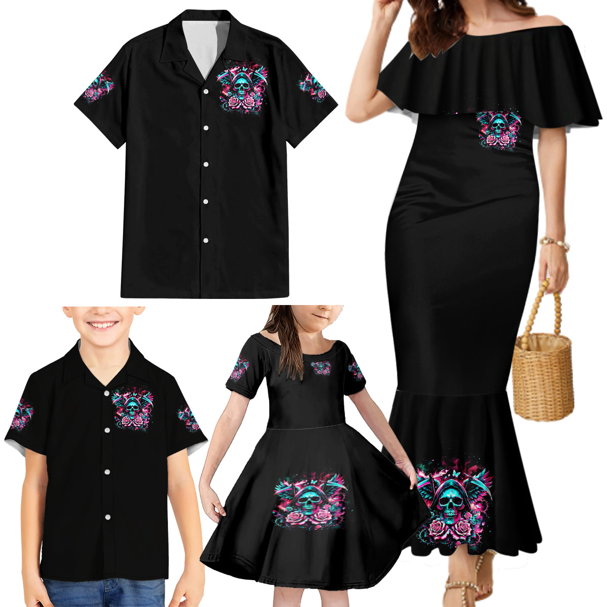 Rose Skull Family Matching Mermaid Dress and Hawaiian Shirt Heaven Don't Want Me And Hell's Afraid I'll Take Over - Wonder Print Shop