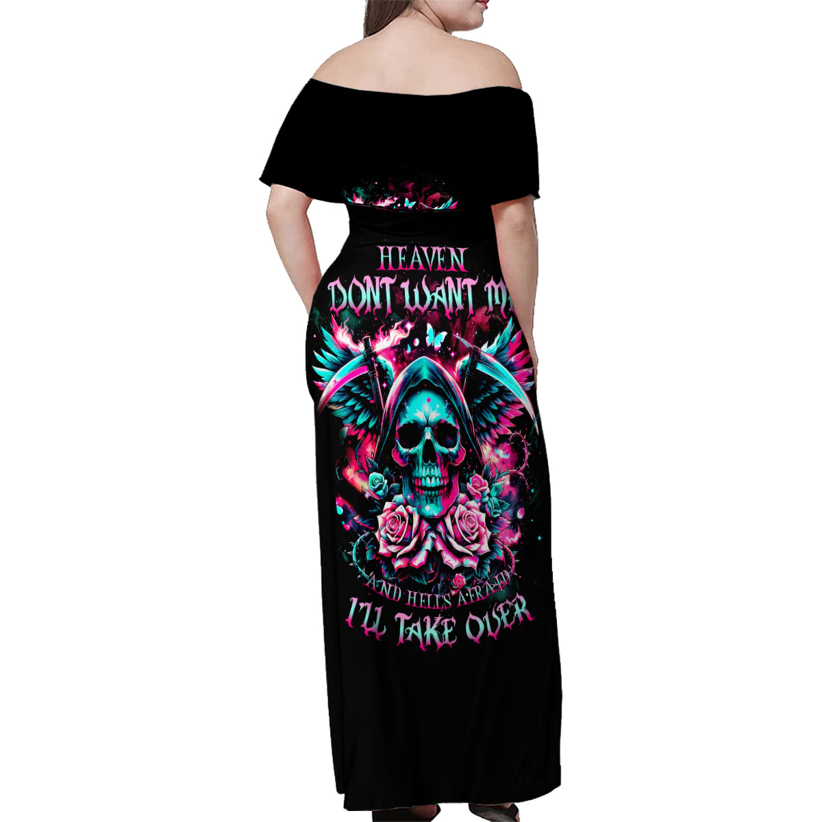 Rose Skull Family Matching Off Shoulder Maxi Dress and Hawaiian Shirt Heaven Don't Want Me And Hell's Afraid I'll Take Over - Wonder Print Shop