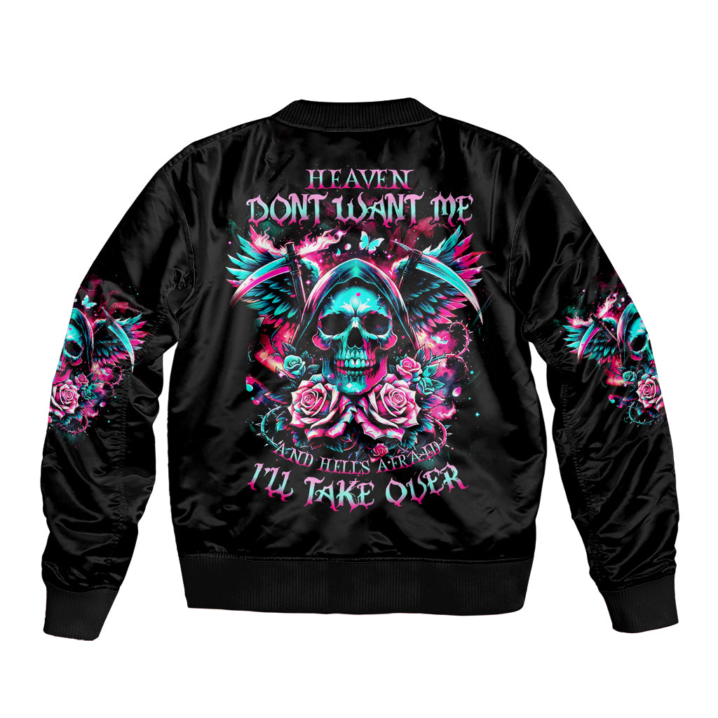 Rose Skull Sleeve Zip Bomber Jacket Heaven Don't Want Me And Hell's Afraid I'll Take Over - Wonder Print Shop