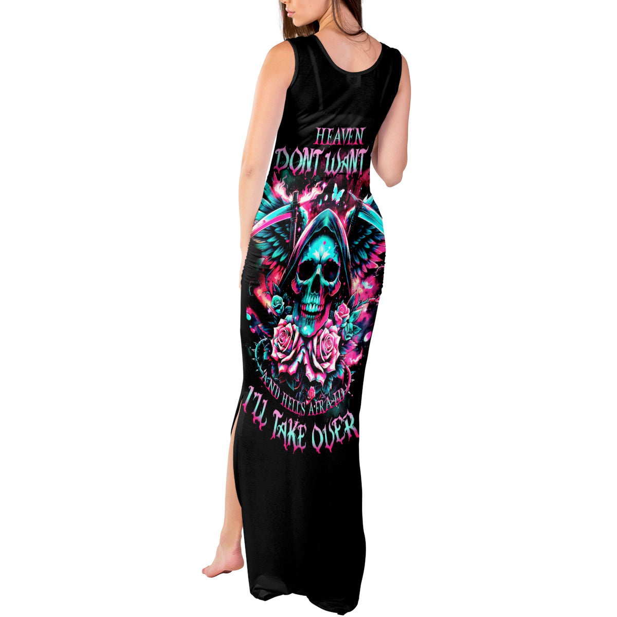 Rose Skull Tank Maxi Dress Heaven Don't Want Me And Hell's Afraid I'll Take Over - Wonder Print Shop