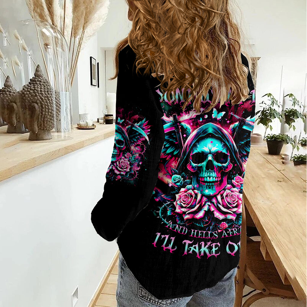 Rose Skull Women Casual Shirt Heaven Don't Want Me And Hell's Afraid I'll Take Over - Wonder Print Shop