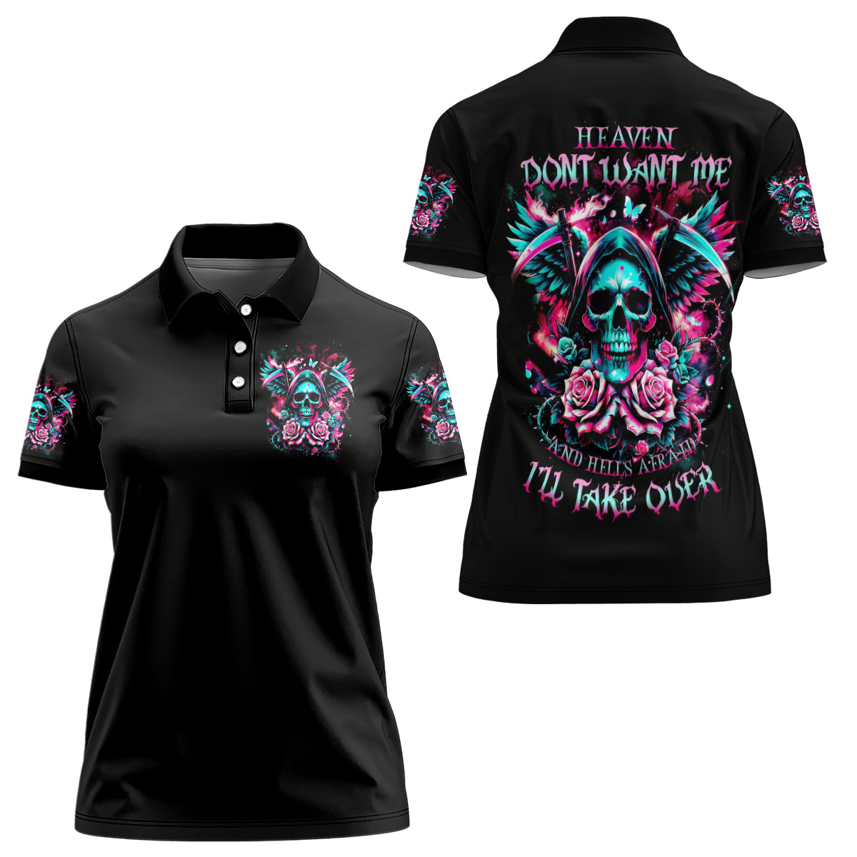 Rose Skull Women Polo Shirt Heaven Don't Want Me And Hell's Afraid I'll Take Over - Wonder Print Shop