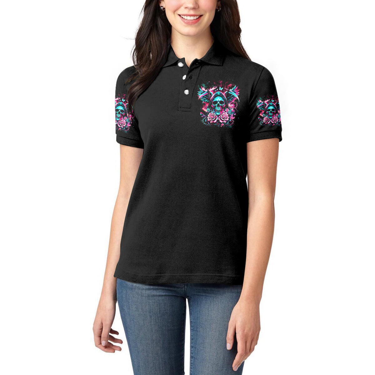 Rose Skull Women Polo Shirt Heaven Don't Want Me And Hell's Afraid I'll Take Over - Wonder Print Shop