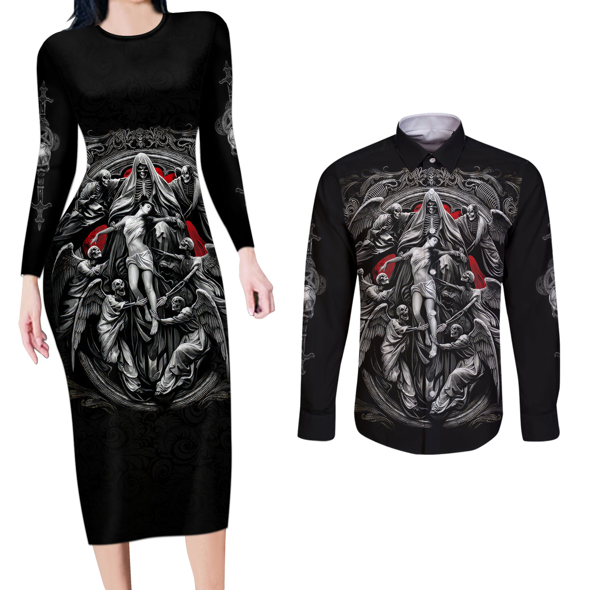 Skull Couples Matching Long Sleeve Bodycon Dress and Long Sleeve Button Shirts Ethereal Reapers Skull-Faced Death Angels - Wonder Print Shop