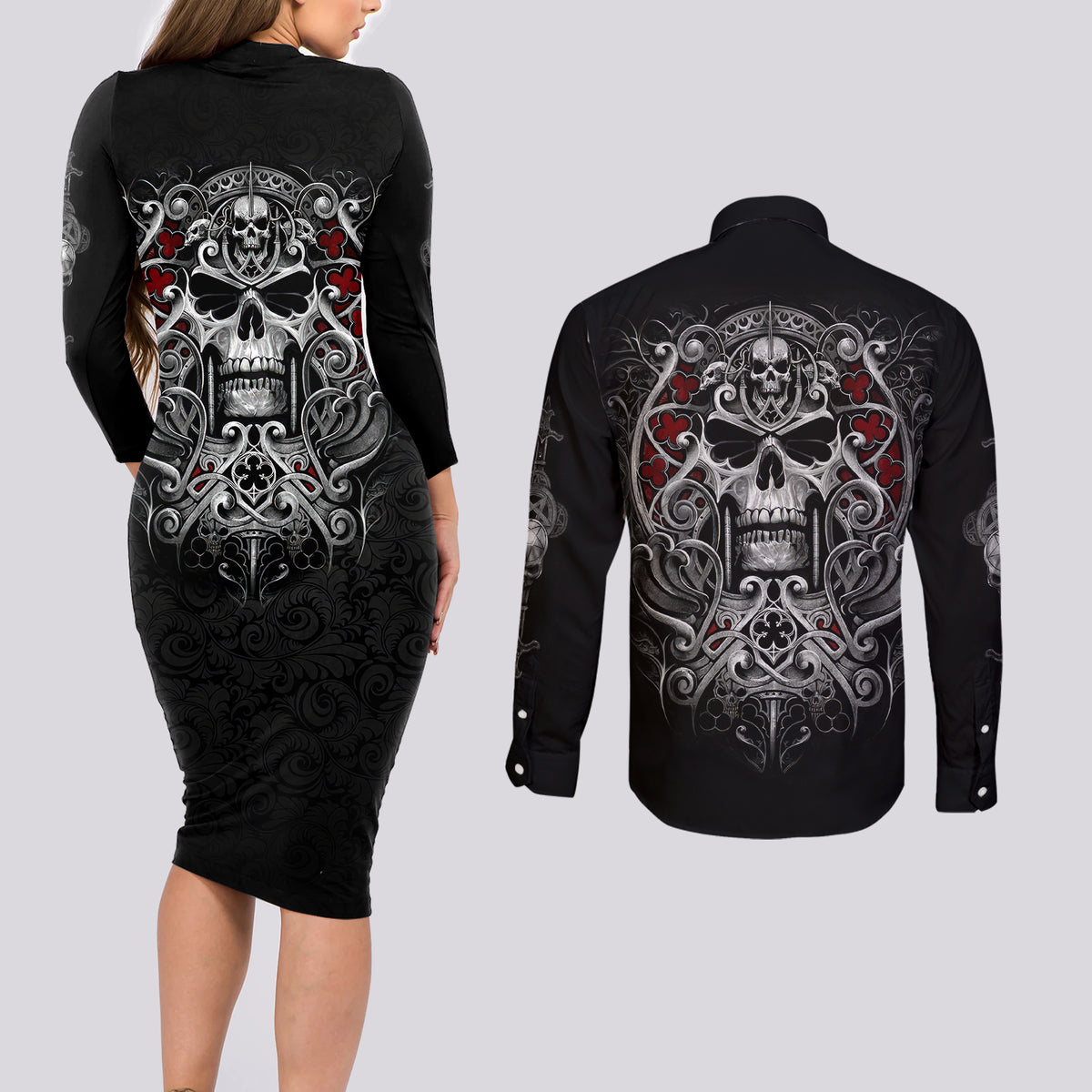 Skull Couples Matching Long Sleeve Bodycon Dress and Long Sleeve Button Shirts Ethereal Reapers Skull-Faced Death Angels - Wonder Print Shop