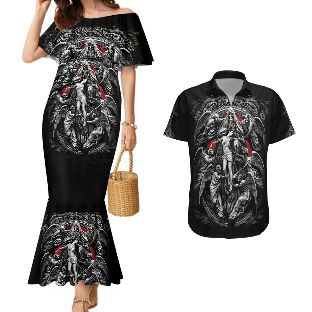 Skull Couples Matching Mermaid Dress And Hawaiian Shirt Ethereal Reapers Skull-Faced Death Angels - Wonder Print Shop