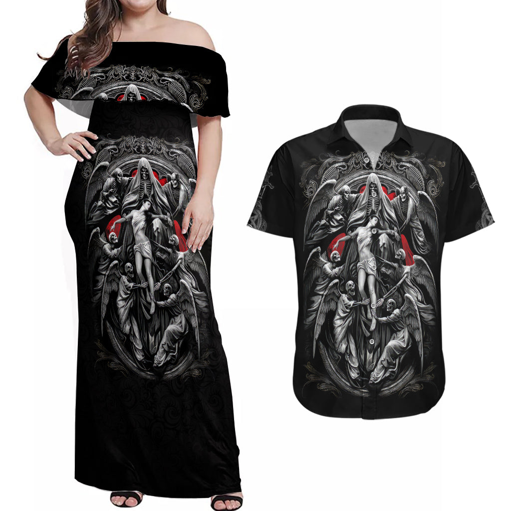 Skull Couples Matching Off Shoulder Maxi Dress and Hawaiian Shirt Ethereal Reapers Skull-Faced Death Angels - Wonder Print Shop