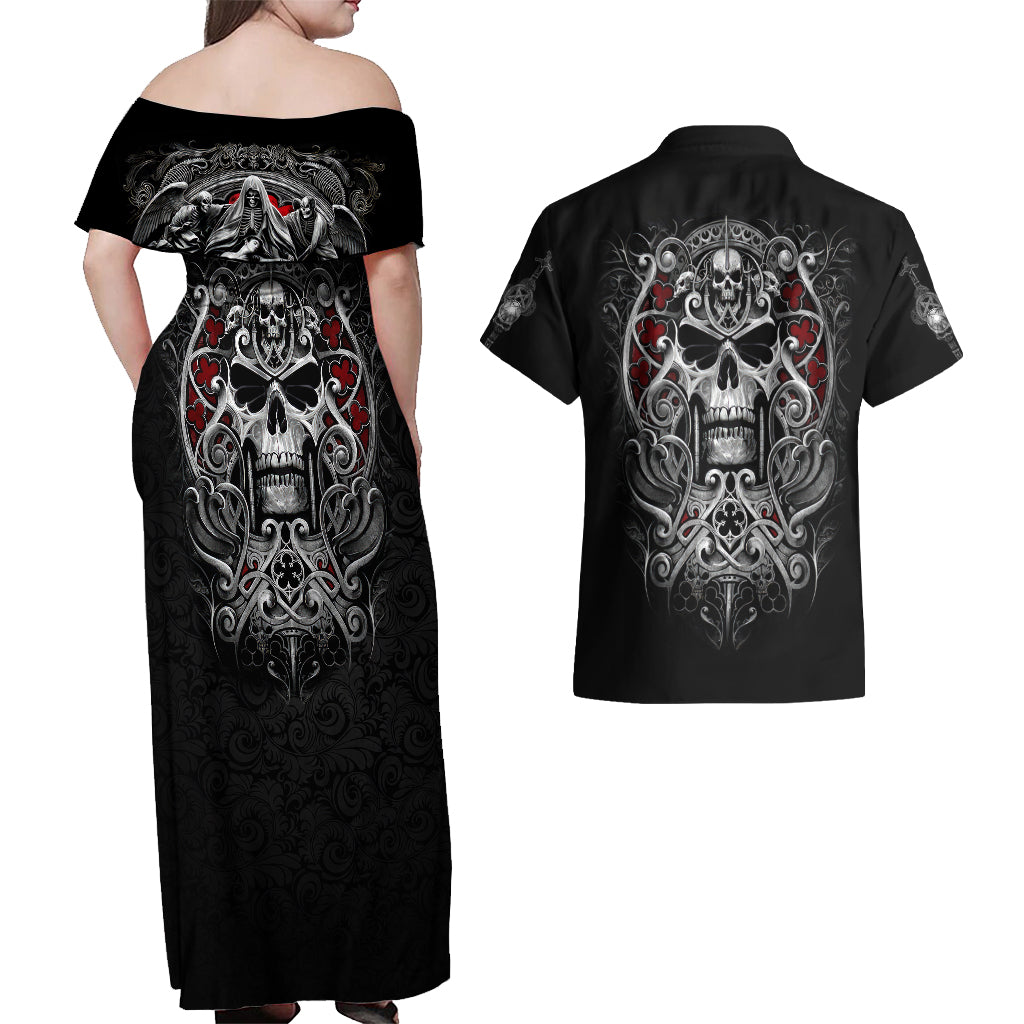 Skull Couples Matching Off Shoulder Maxi Dress and Hawaiian Shirt Ethereal Reapers Skull-Faced Death Angels - Wonder Print Shop