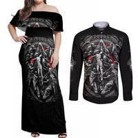 Skull Couples Matching Off Shoulder Maxi Dress and Long Sleeve Button Shirts Ethereal Reapers Skull-Faced Death Angels - Wonder Print Shop