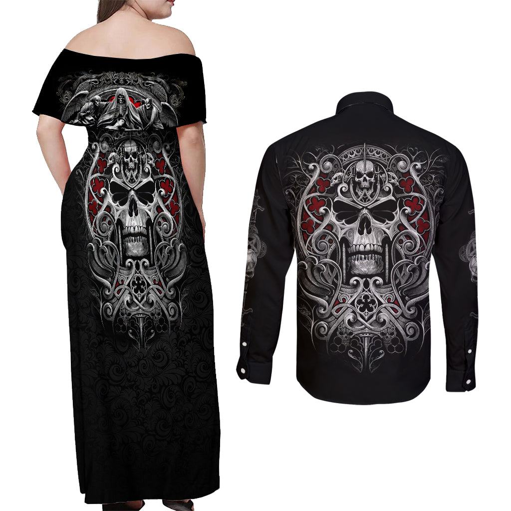 Skull Couples Matching Off Shoulder Maxi Dress and Long Sleeve Button Shirts Ethereal Reapers Skull-Faced Death Angels - Wonder Print Shop