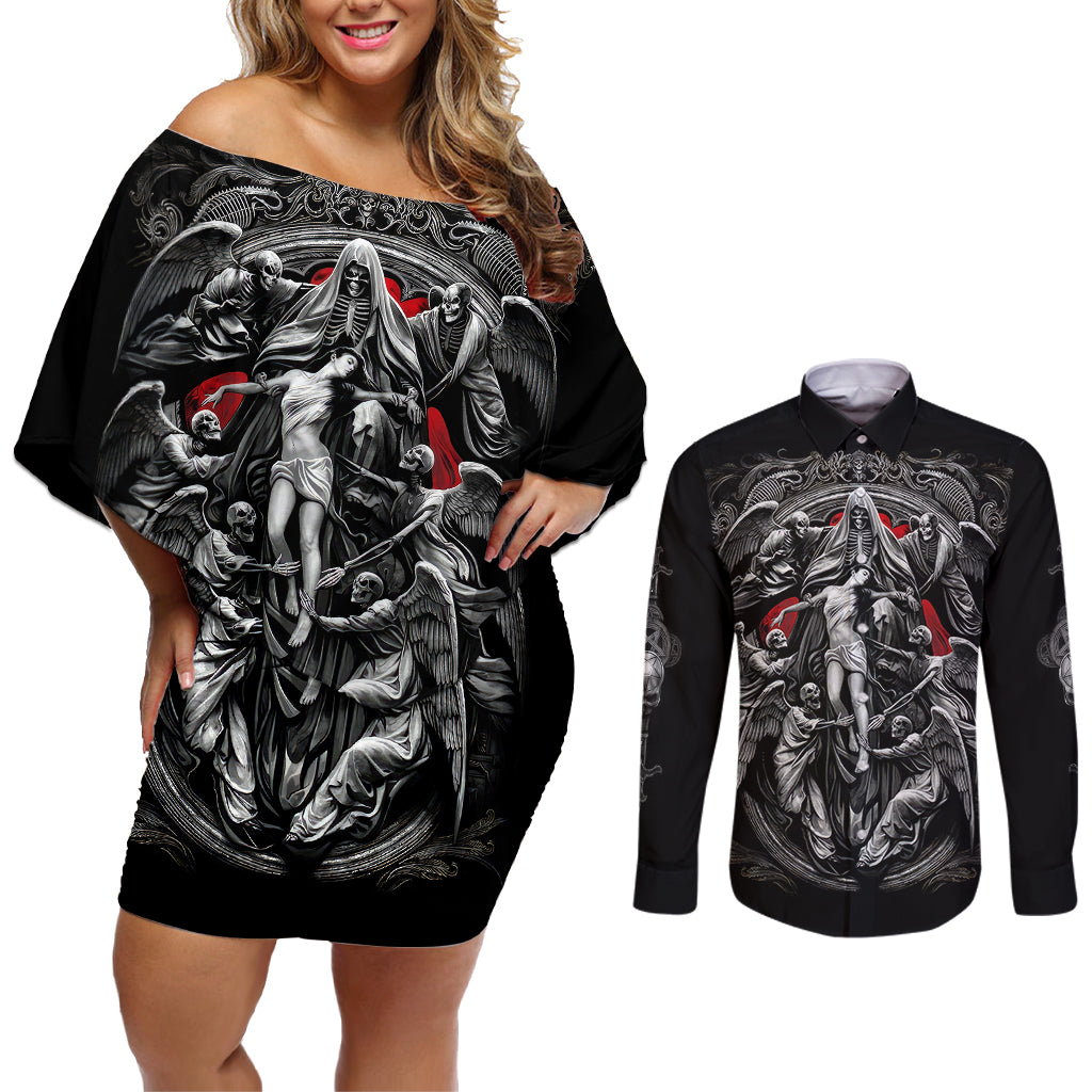 Skull Couples Matching Off Shoulder Short Dress and Long Sleeve Button Shirts Ethereal Reapers Skull-Faced Death Angels - Wonder Print Shop