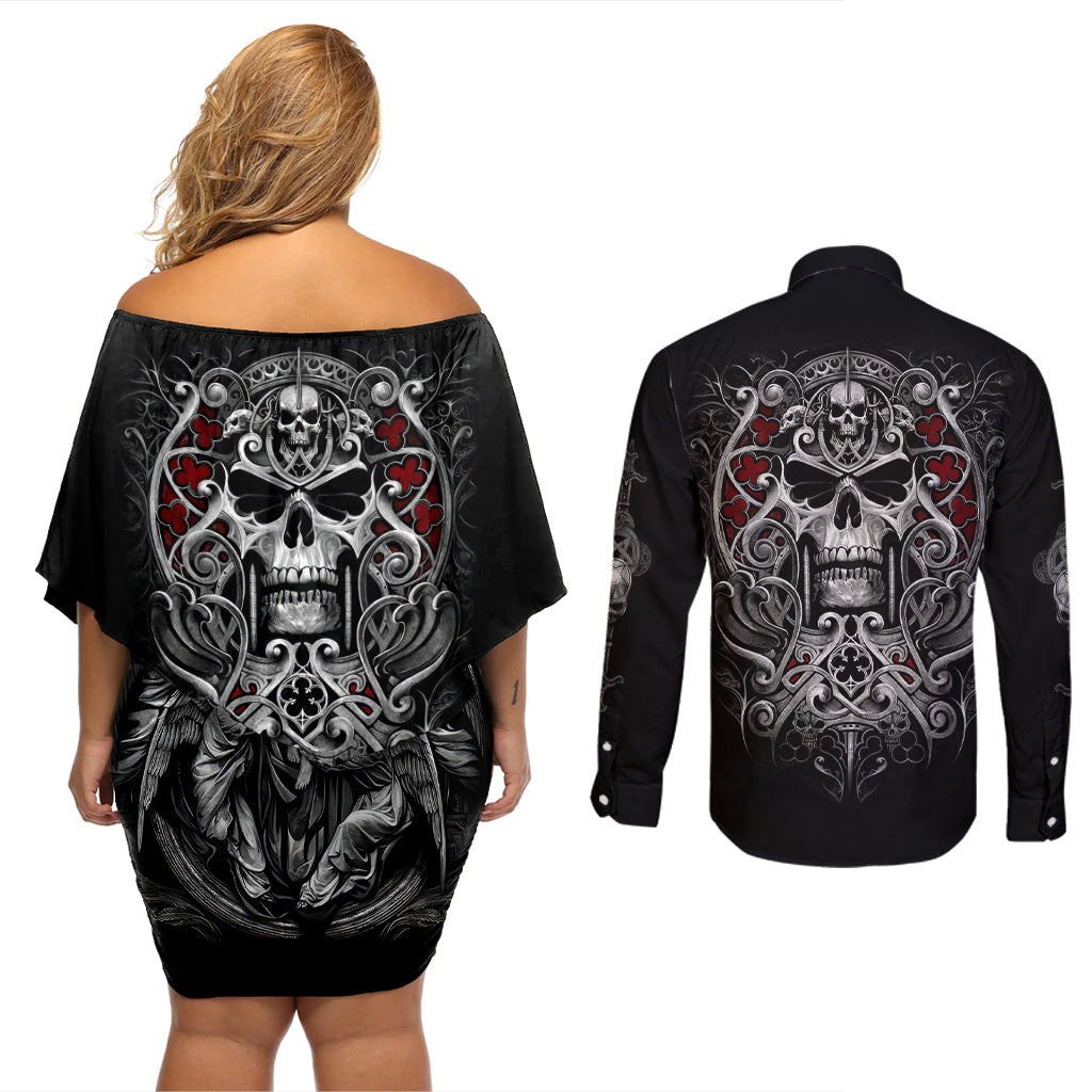 Skull Couples Matching Off Shoulder Short Dress and Long Sleeve Button Shirts Ethereal Reapers Skull-Faced Death Angels - Wonder Print Shop