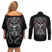 Skull Couples Matching Off Shoulder Short Dress and Long Sleeve Button Shirts Ethereal Reapers Skull-Faced Death Angels - Wonder Print Shop