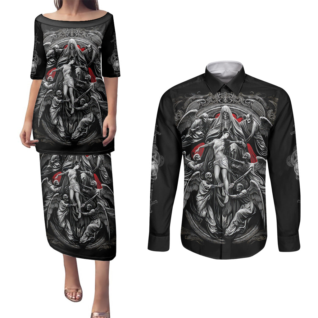 Skull Couples Matching Puletasi Dress and Long Sleeve Button Shirts Ethereal Reapers Skull-Faced Death Angels - Wonder Print Shop