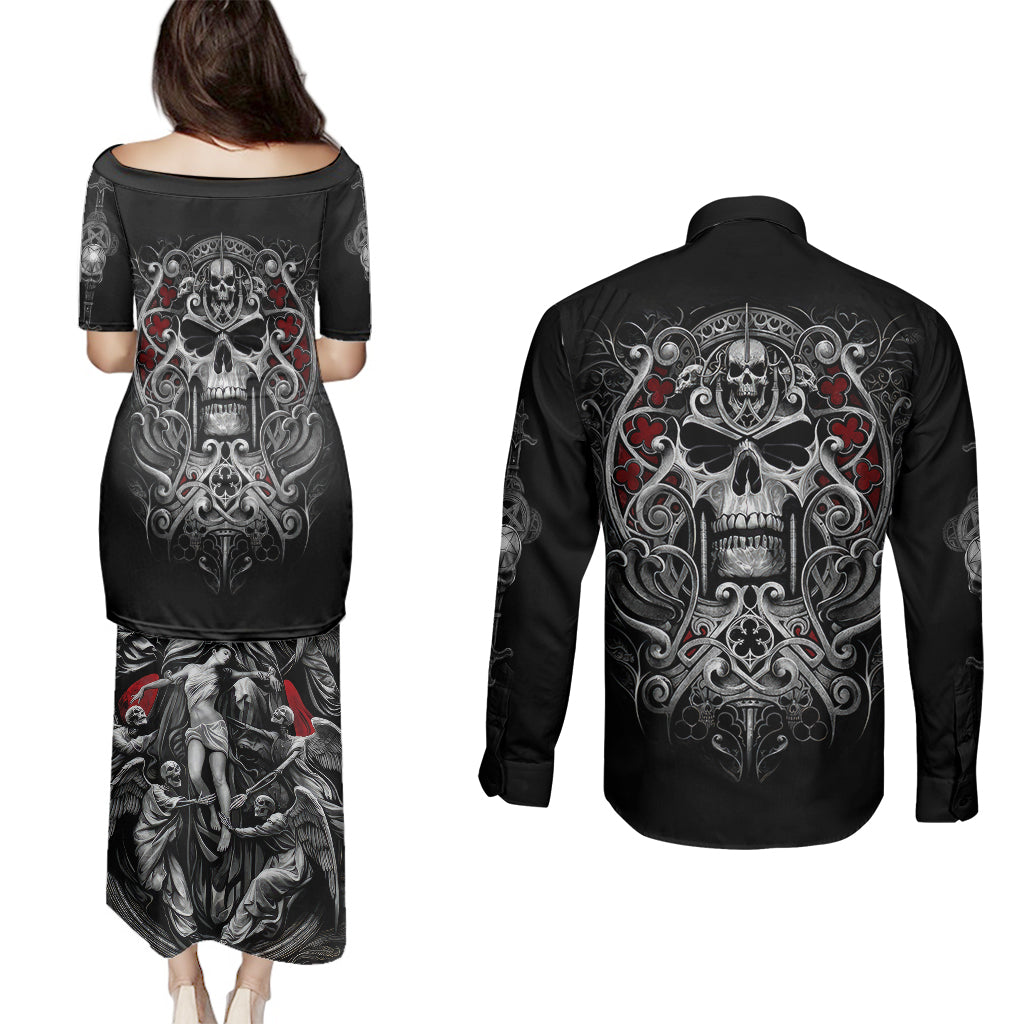 Skull Couples Matching Puletasi Dress and Long Sleeve Button Shirts Ethereal Reapers Skull-Faced Death Angels - Wonder Print Shop