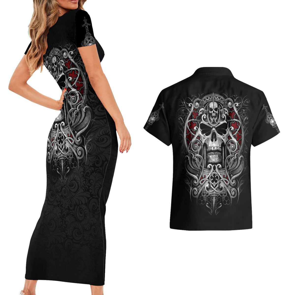 Skull Couples Matching Short Sleeve Bodycon Dress and Hawaiian Shirt Ethereal Reapers Skull-Faced Death Angels - Wonder Print Shop
