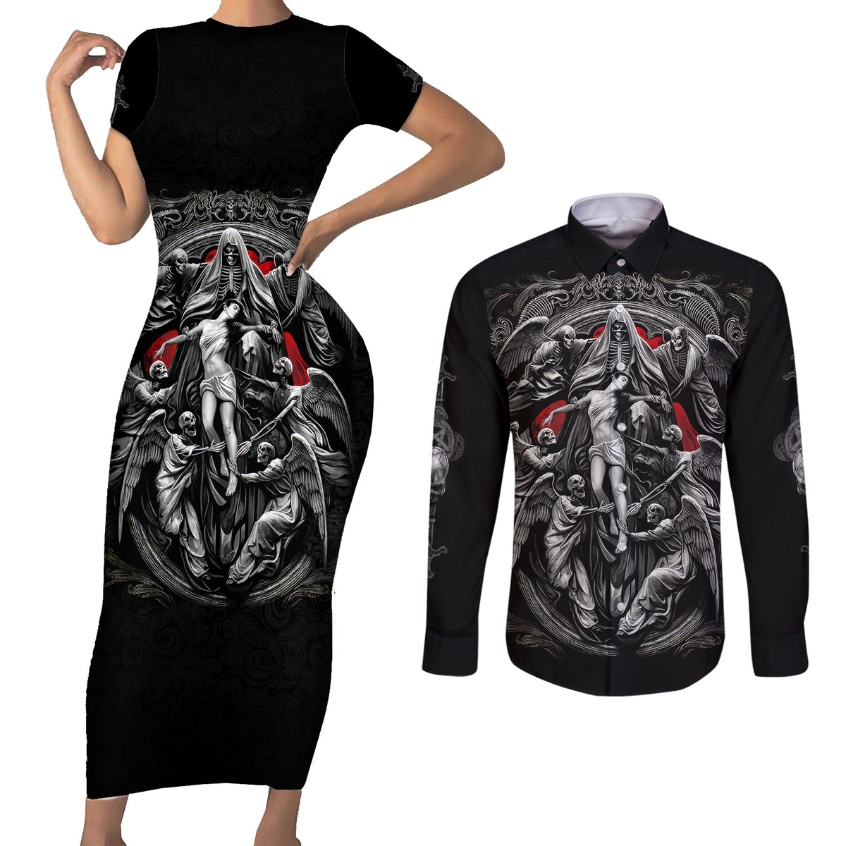 Skull Couples Matching Short Sleeve Bodycon Dress and Long Sleeve Button Shirts Ethereal Reapers Skull-Faced Death Angels - Wonder Print Shop