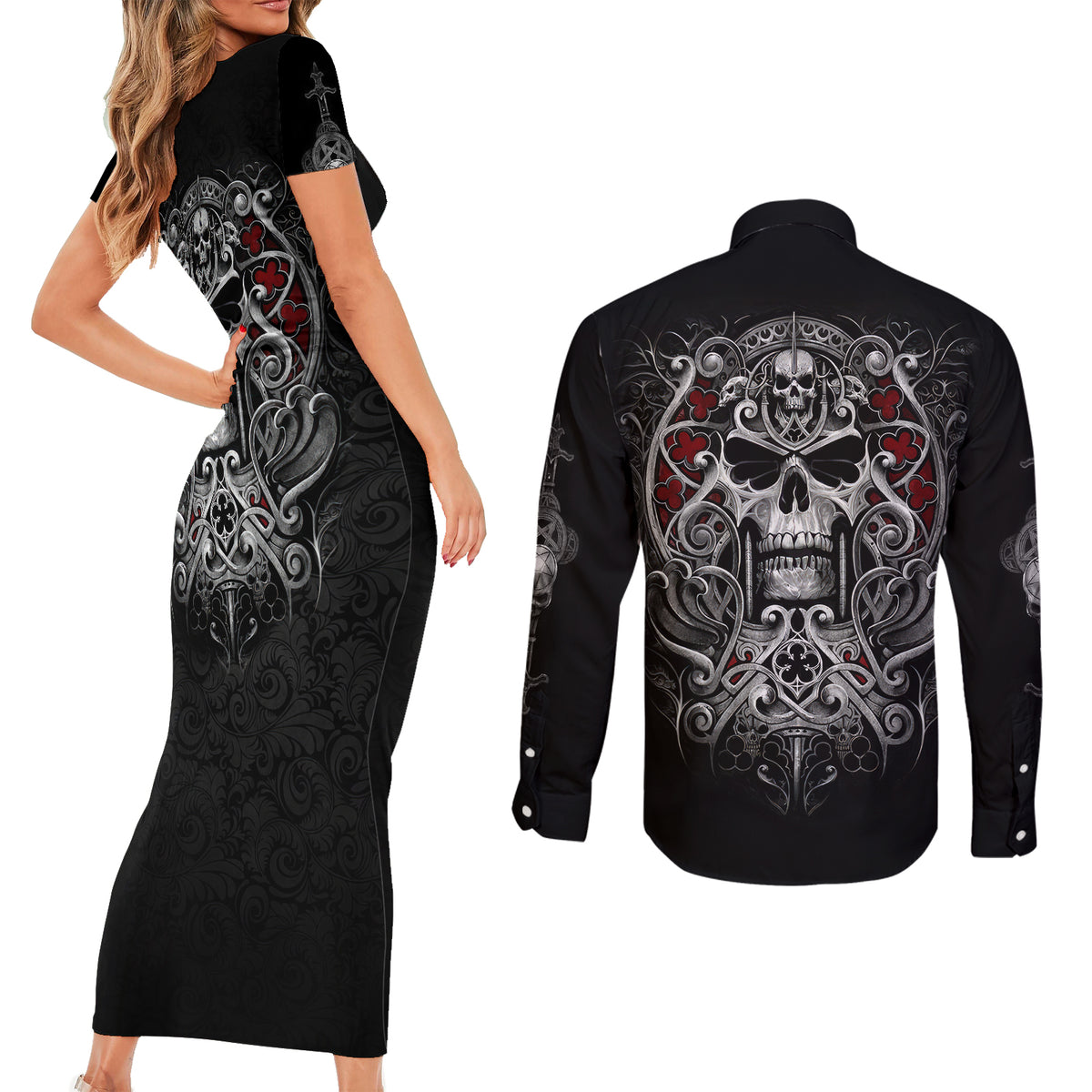 Skull Couples Matching Short Sleeve Bodycon Dress and Long Sleeve Button Shirts Ethereal Reapers Skull-Faced Death Angels - Wonder Print Shop