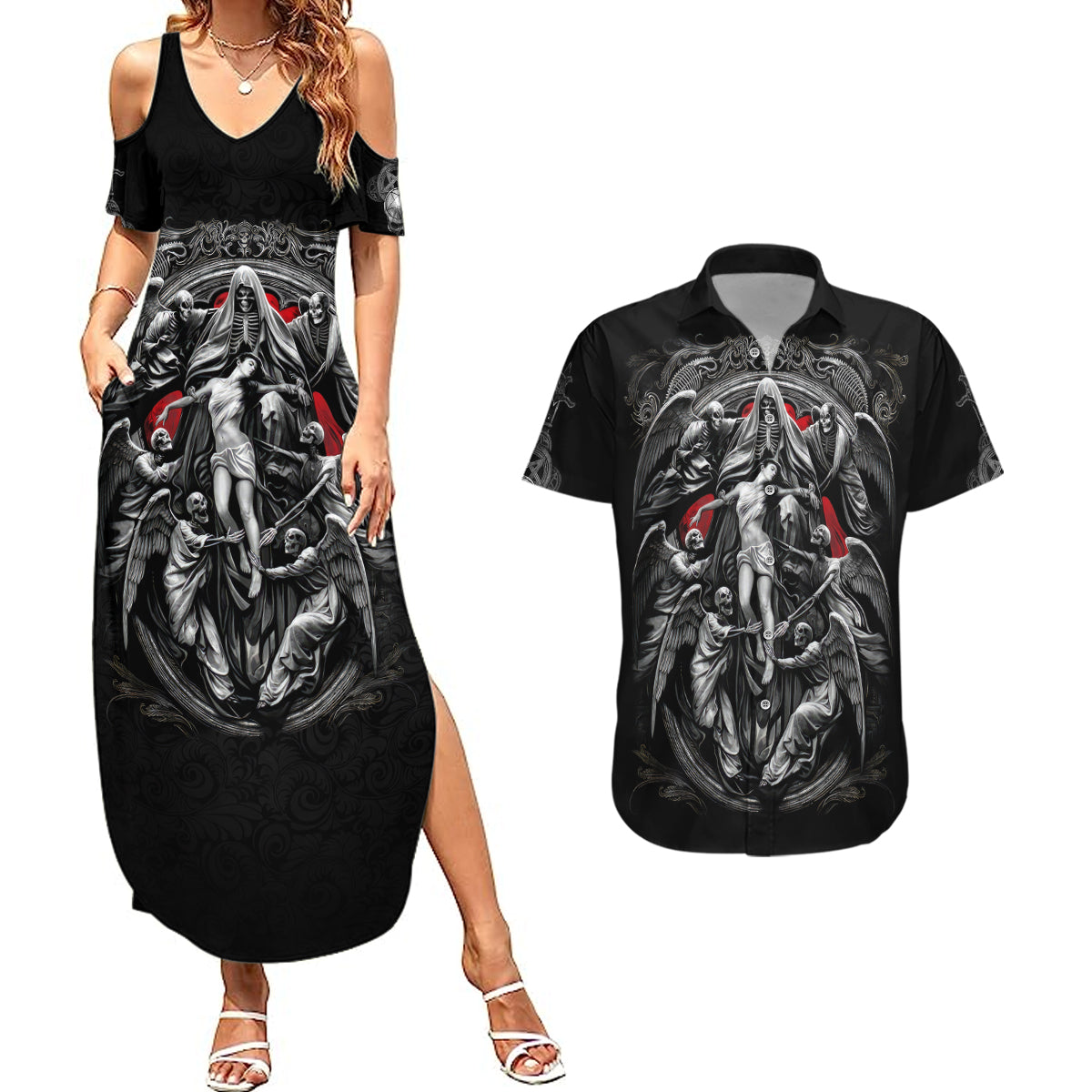 Skull Couples Matching Summer Maxi Dress and Hawaiian Shirt Ethereal Reapers Skull-Faced Death Angels - Wonder Print Shop