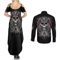 Skull Couples Matching Summer Maxi Dress and Long Sleeve Button Shirts Ethereal Reapers Skull-Faced Death Angels - Wonder Print Shop