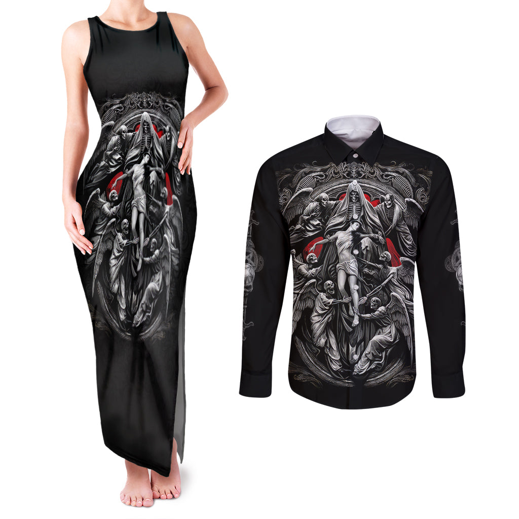 Skull Couples Matching Tank Maxi Dress and Long Sleeve Button Shirts Ethereal Reapers Skull-Faced Death Angels - Wonder Print Shop