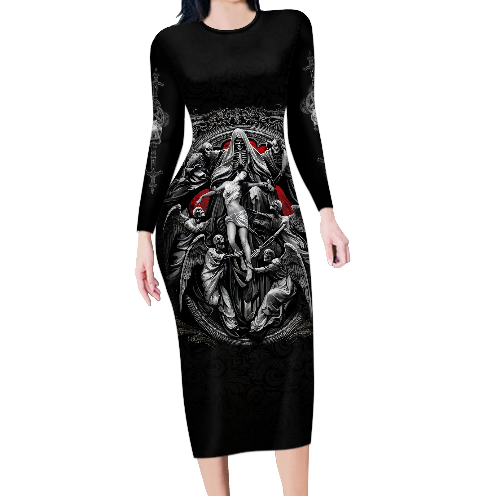 Skull Long Sleeve Bodycon Dress Ethereal Reapers Skull-Faced Death Angels - Wonder Print Shop