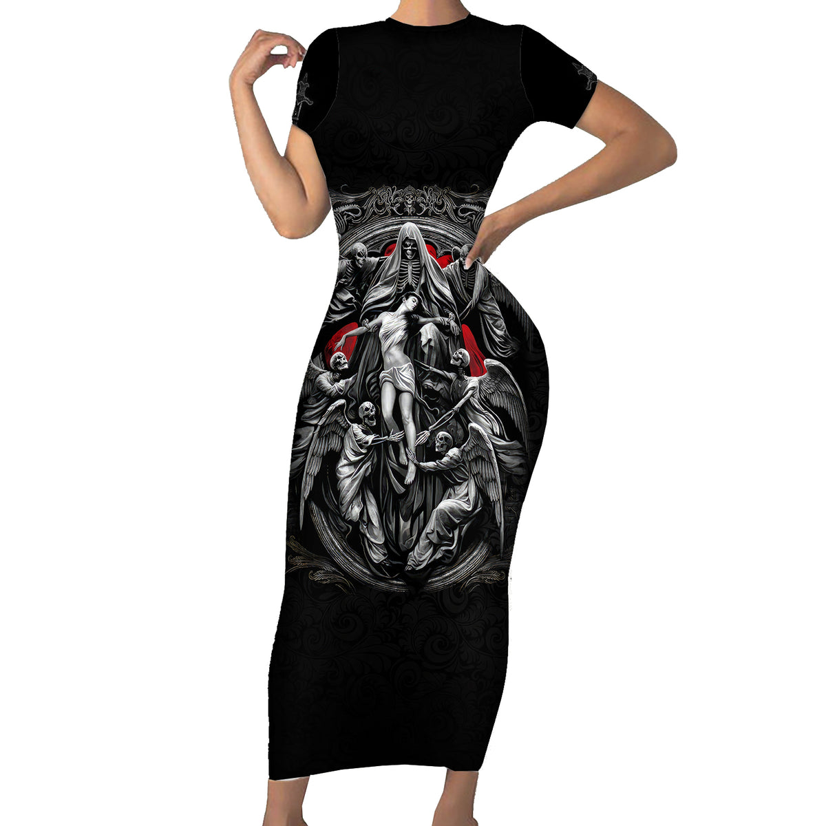 Skull Short Sleeve Bodycon Dress Ethereal Reapers Skull-Faced Death Angels - Wonder Print Shop