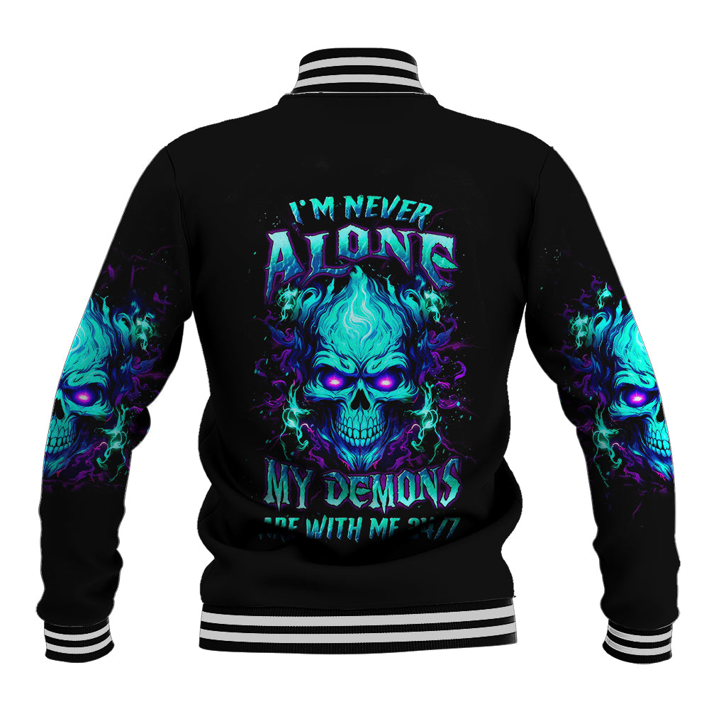 Flame Skull Baseball Jacket I'm Never Alone My Demons With Me 24/7 - Wonder Print Shop