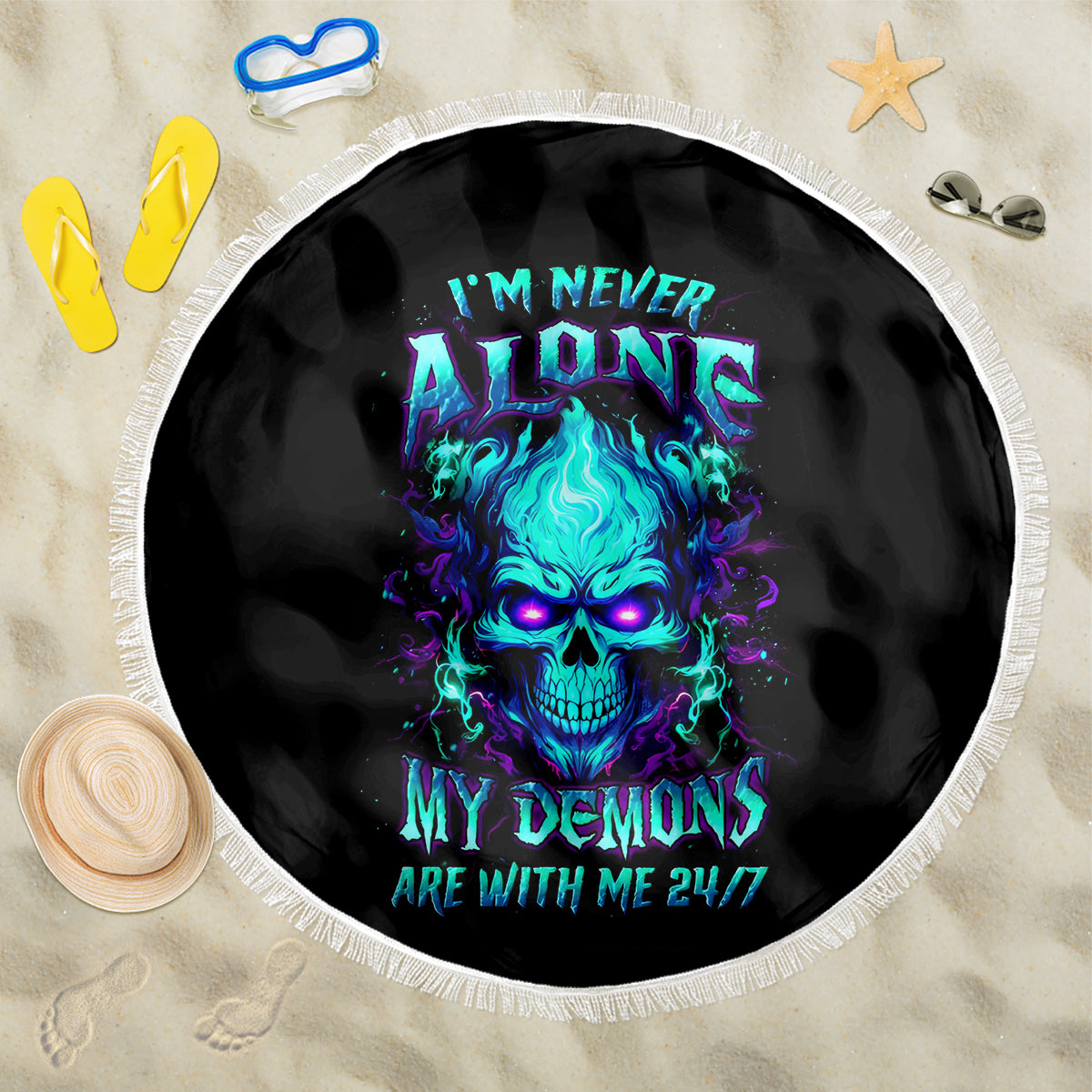 Flame Skull Beach Blanket I'm Never Alone My Demons With Me 24/7 - Wonder Print Shop