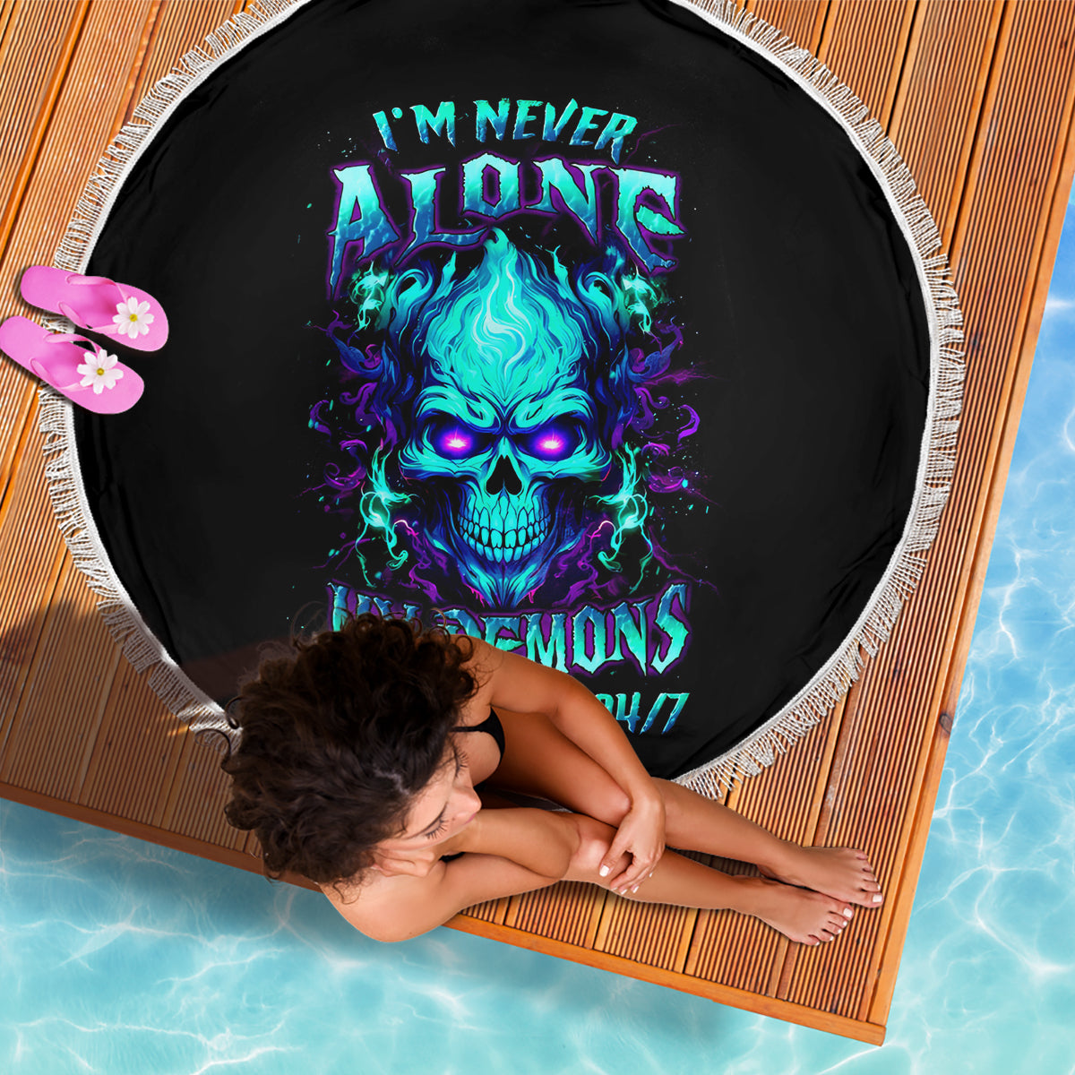Flame Skull Beach Blanket I'm Never Alone My Demons With Me 24/7 - Wonder Print Shop