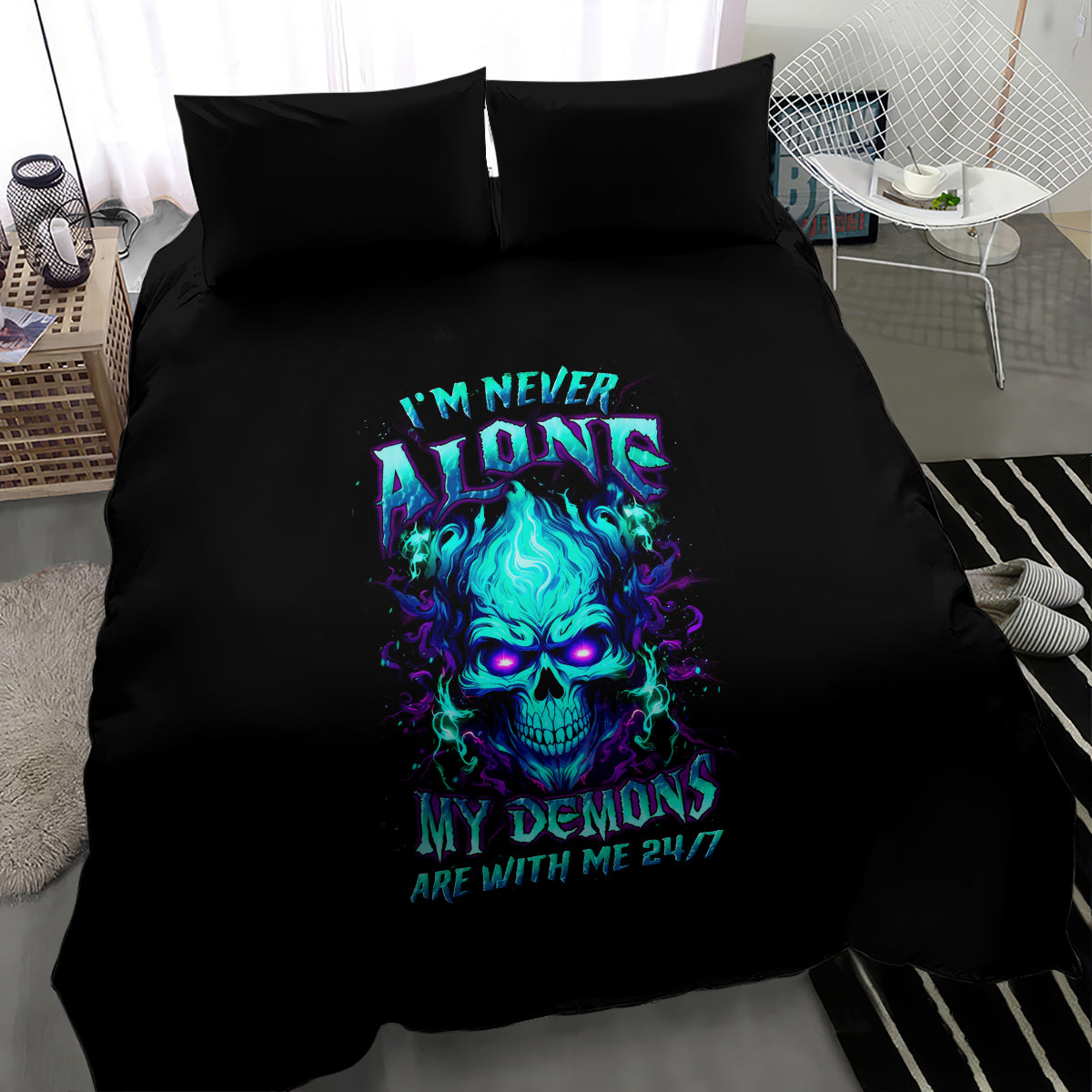 Flame Skull Bedding Set I'm Never Alone My Demons With Me 24/7 - Wonder Print Shop